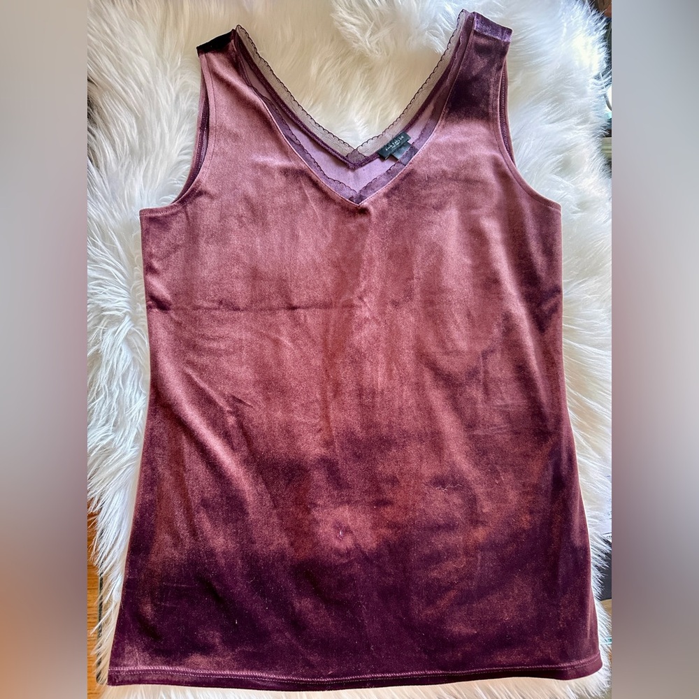 Ann Taylor swanky purple velvet sleeveless Vneck lace neck tank top!  Size S EUC